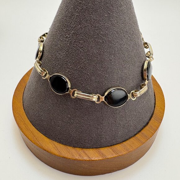 Silver Tone Black Onyx Bezel Set Station Bracelet Size 7.5" Length - Picture 4 of 10